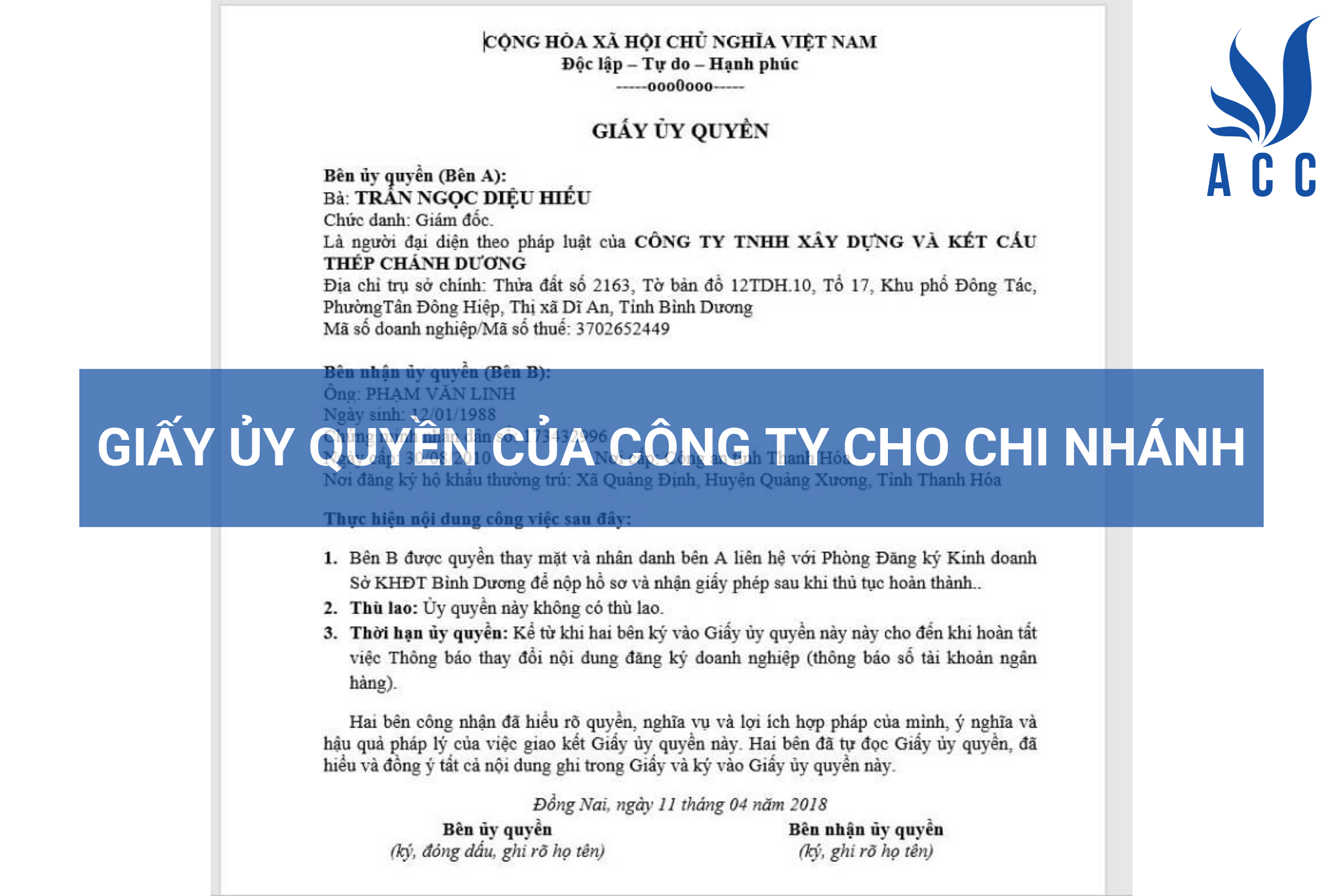 Giấy ủy quyền của công ty cho chi nhánh